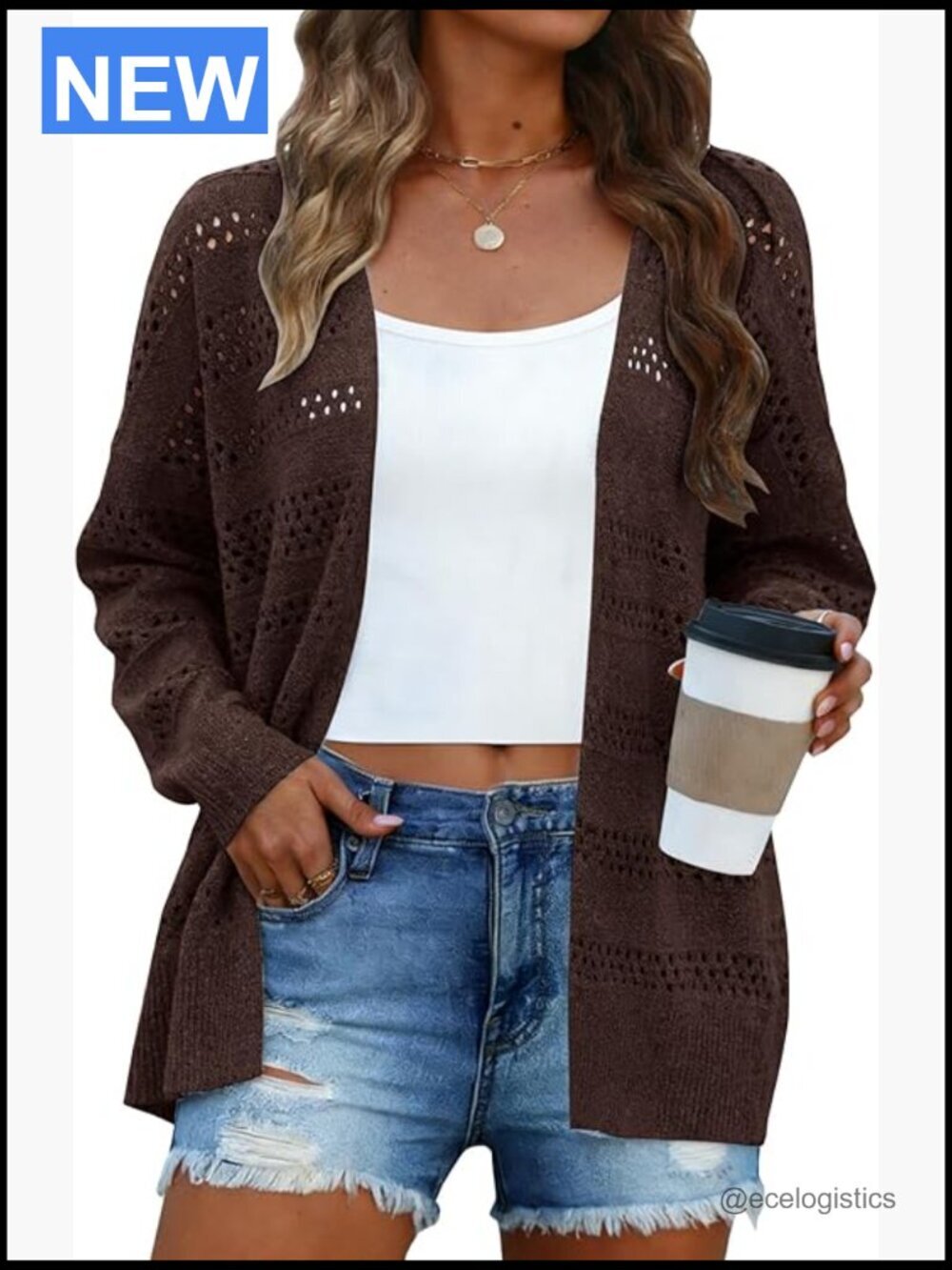 Lightweight Crochet Cardigan Long Sleeve Open Front Kimono